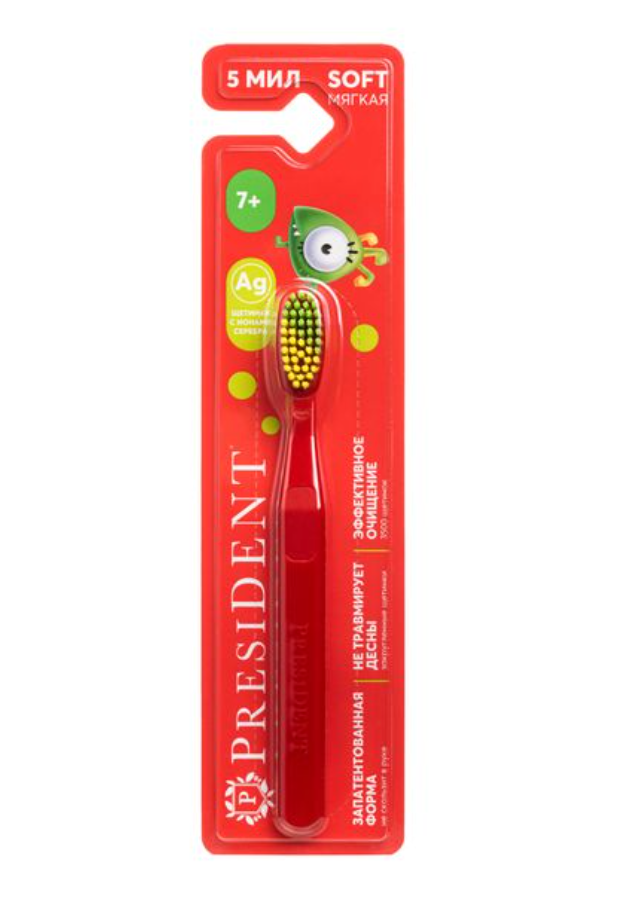 PresiDent Щетка зубная для детей, для детей с 7 лет, мягкая, цвет в ассортименте, 1 шт.